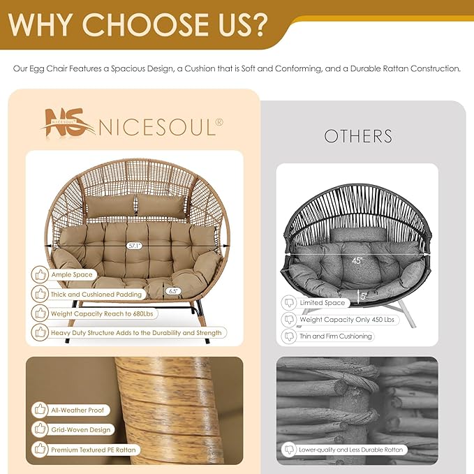 NICESOUL® Double Egg Chair Indoor Outdoor Stationary Oversized Thicken Padded Cushions,2 Person Egg Loveseat Chair, 680 lbs Extra Large Lounge Chair for Patio Balcony Porch Brown