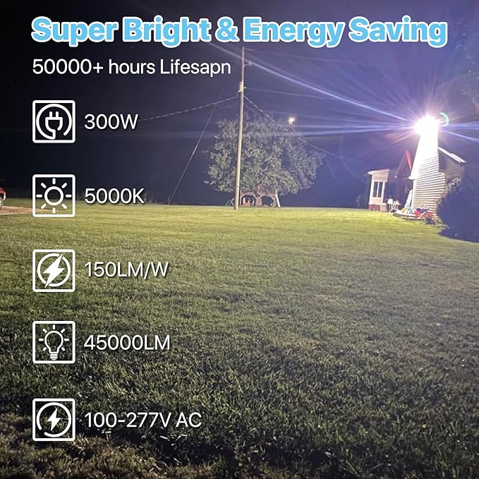 HYPERLITE Led Parking Lot Lights Outdoor 300W - UL Listed Arm & Slip Fitter 2 in 1 Wall Mount LED Flood Light - 45000lm 5000K Parking Lot Lights Commercial for Yard Street Court Driveways Stadium
