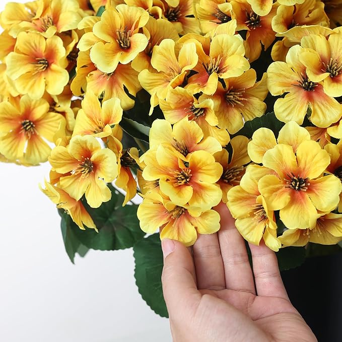 2 Pack Artificial Geranium Flowers Topitary Trees for Outdoors, UV Resistant Geraniums Potted Bushes Look Real Silk Faux Plants for Front Door Garden Porch Planter Farmhouse Home Decor (Yellow)