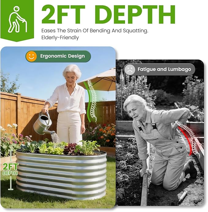Galvanized Raised Garden Bed Outdoor 24'' Deep | Oval Metal Garden Beds with Easy Assembly & Planter Box for Planting Deep Root Vegetables Fruits Flowers, 4x2x2ft Silver