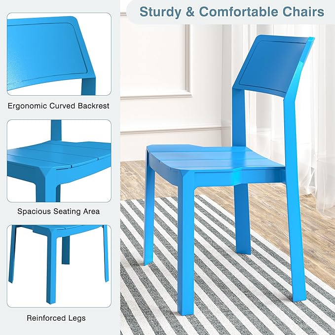 VECELO 4 Pack Stackable Dining Chairs, Plastic Patio Chairs for Indoor Outdoor Use in Kitchen, Poolside, No Assembly, Matte Blue