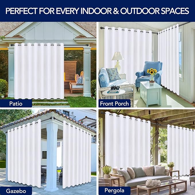 PureFit Outdoor Curtains for Patio Waterproof Weatherproof, UV Resistant Outside Curtains for Gazebo, Front Porch, Pergola, Sun Blocking Privacy Curtain, 120W x 108L inch, 1 Panel, White