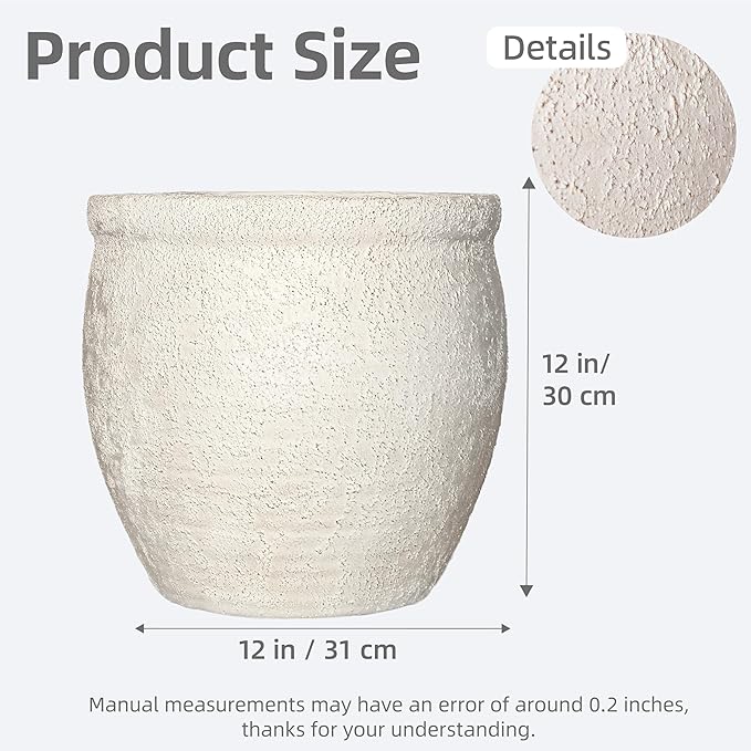 12" Dia Fiberstone Planter – Modern Farmhouse Indoor/Outdoor Flower Pot, Beige Container with Grainy Matte Texture & Built-in Drainage Hole | Decorative Pot for Patio, Porch, Garden