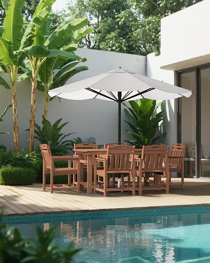 Outdoor Rectangle Dining Table, Heavy-Duty HDPE Table for 6, Weatherproof Patio Table with Umbrella Hole, Rounded Corners for Safety, Teak