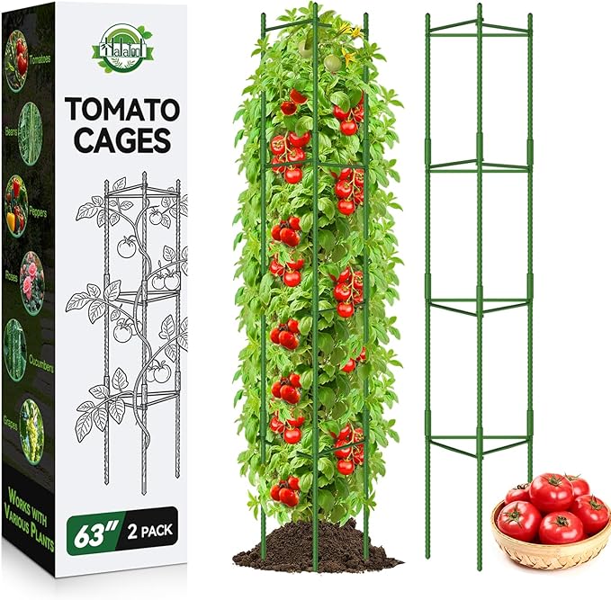 Halatool 2 Pack Tomato Cages for Garden,Up to 63in(5.2FT) Adjustable Tall Tomato Cage,Garden Stakes Tomato Trellis for Pots,Tomato Plant Support for Raised Garden Bed &Vegetables Flowers(Green)