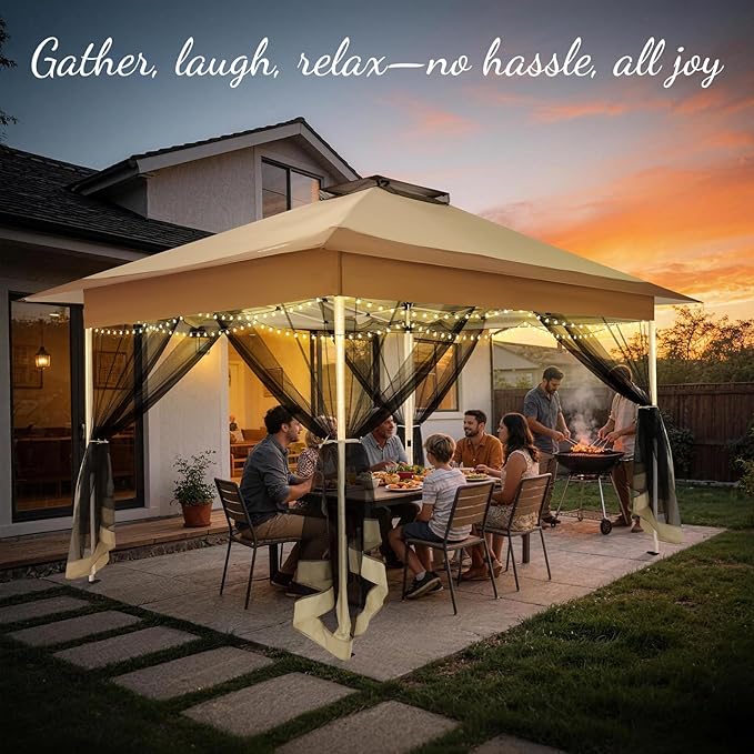 C0BIZI Gazebo 10x15 Pop up Canopy,Gazebos on Clearance-Canopy Tent with Mosquito Netting for Lawn,Garden,Backyard & Patio-Outdoor Tent-Water Resistant and UPF50+ (Khaki)