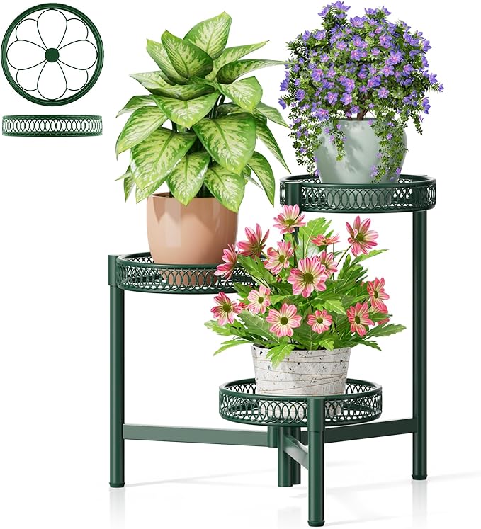Plant Stand Indoor Outdoor, 3 Tier Corner Metal Flower Display Holder Shelf, Folding Tall Plant Rack for House Patio Balcony Porch Garden Living Room, Heavy Duty Anti-Rust Wrought Iron - GreenFlower