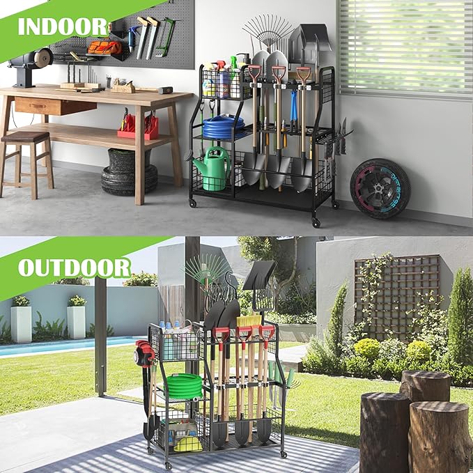 keomaisyto Garden Tool Organizer with Heavy Duty Wheels for Garage - with 2 Baskets, Large Yard Tool Organizer and Storage Holder, Utility Garden Tool Rack for/Shed/Garage/Yard/Basement/Lawn