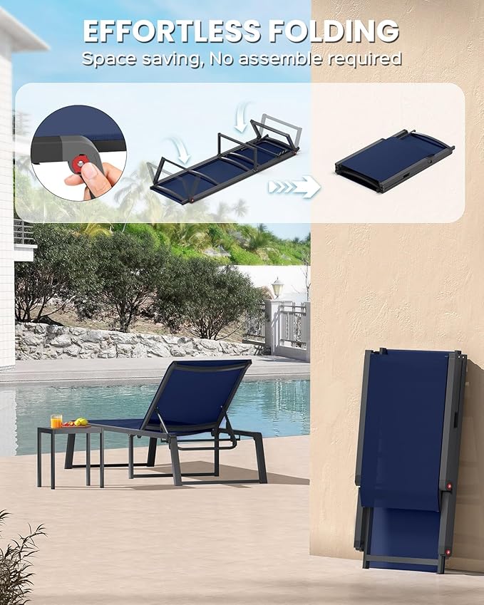 Aluminum Chaise Lounge Chair Outdoor, Foldable & Assembly Free Patio Pool Lounge Chairs 5-Position Recliner for Outside Poolside, Fully Grounded Legs Sun Lounger for Beach, Yard, Navy Blue