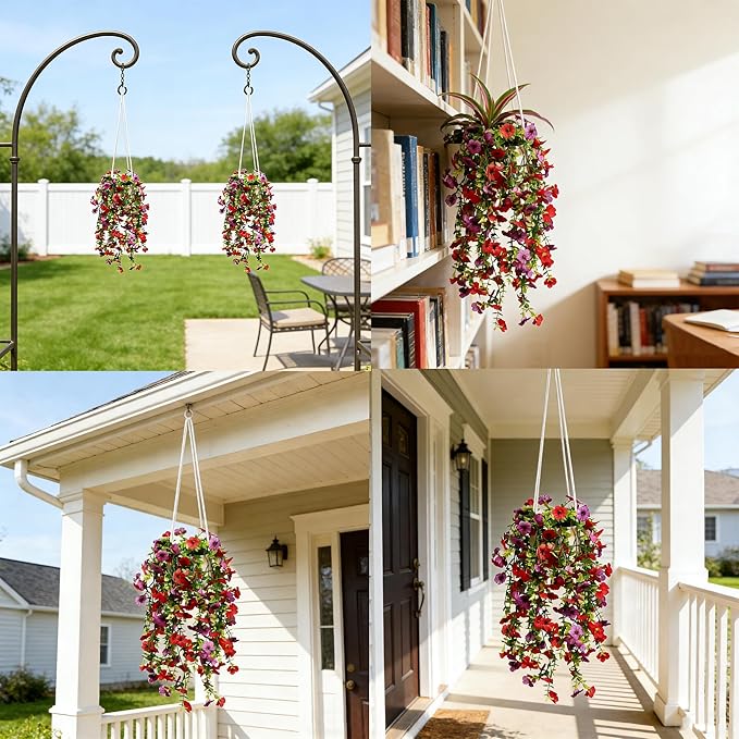 Artificial Flowers for Outdoors Fake Hanging Plants with Pot, 4pcs Silk Colorful Flowers UV Resistant Realistic Hanging Planter Faux Flower for Outside Porch Patio Home Garden Yard Decoration