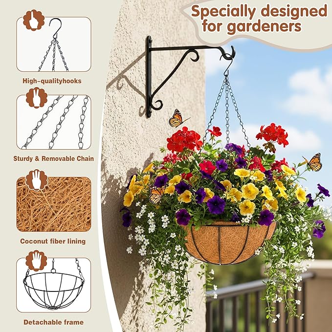 12 inch Metal Hanging Baskets For Plants Outdoor 4 Pack Round Metal Wire Hanging Basket Planter with Coco Fiber Liners Chain Round Wire Plant Holder for Garden, Patio, Deck, Porch Plants Flower Potss
