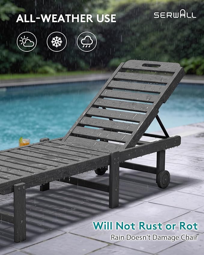 SERWALL Outdoor Chaise Lounge Set of 2, All-Weather HDPE Pool Lounge Chairs with 5-Position Adjustable Reclining Backrest, Rolling Wheels & Cup Holder for Poolside, Grey