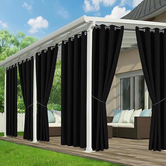 Black Outdoor Curtains for Patio Waterproof - 6 Panels Privacy Weatherproof Outside Curtains with Grommets for Pergola, Gazebo, Porch, Cabana, Balcony, 54 x 108 Inch