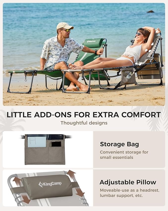 KingCamp Tanning Chair with Face Hole, Lounge Chairs Outdoor Folding Comfy Adjustable 5-Position Foldable Chaise Chaser with Canopy Shade for Outside Beach Patio Sun Bathing Pool, Beige/White