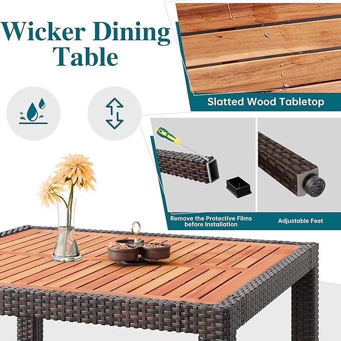 Shintenchi 5 PCS Patio Dining Set, Wicker Outdoor Table and Chairs with Soft Cushions, Patio Furniture Set with Wood Table Top for Backyard, Deck and Garden, Brown Rattan