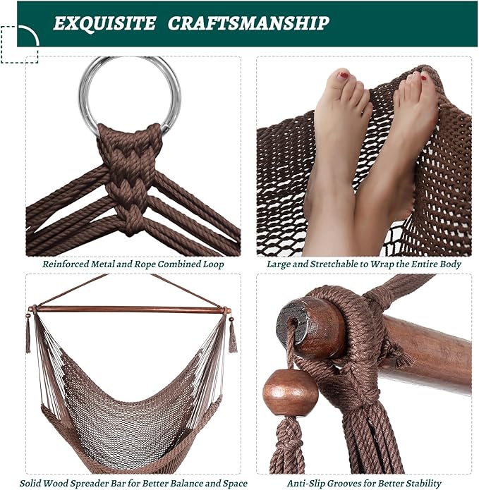 Caribbean Hammock Swing Chair with Spreader Bar, Large Hammock Chair, Hand Craft Rope Hanging Chair Outdoor, Indoor, Bedroom, 330 LBS Weight Capacity, Dark Brown