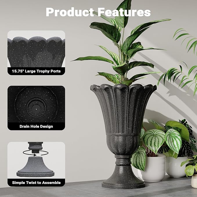 23" Tall Planters for Outdoor Plants Set of 2, Planter with Drainage Holes and Petal Design, Large Outdoor Planters for Porch, Garden, Indoor, Black