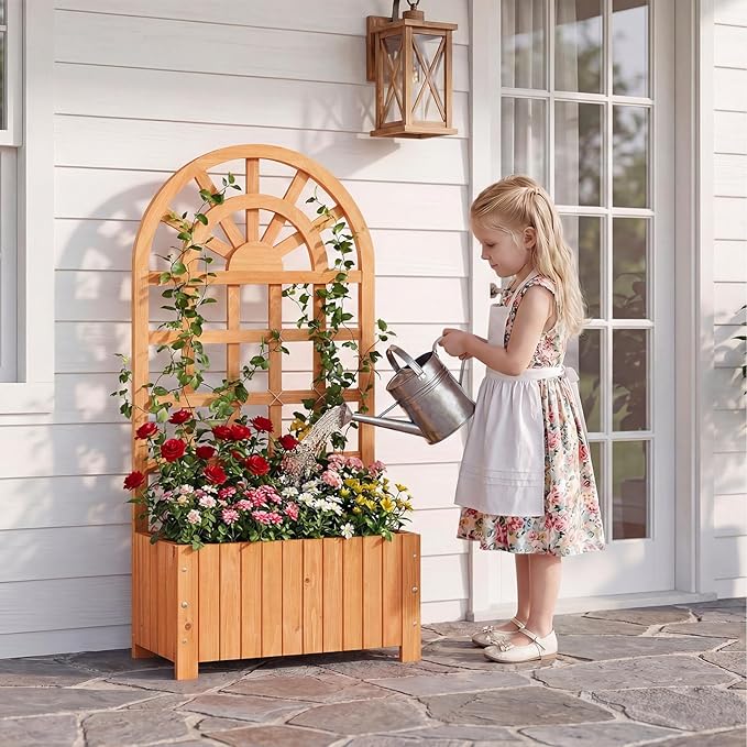 Giantex Wooden Raised Garden Bed with Arched Trellis Set 2, 48” Fir Wood Outdoor Elevated Planter Box Privacy Screen w/Drainage Hole, Vertical Garden Bed for Climbing Plants, Patio Balcony Backyard