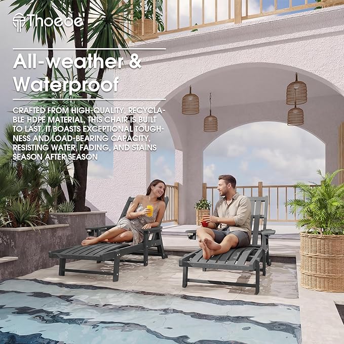 Patio Chaise Lounge Chair, Oversized Lounge Chair Outdoor with 5 Positions, HDPE, Patio Lounge Chair with Wheels & Cup Holder for Pool, Deck, Poolside,Grey