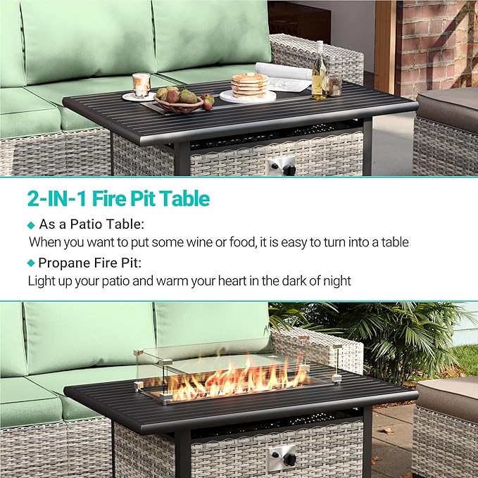 16-Piece Outdoor Patio Furniture Set with Rocking Swivel Chair, PE Wicker Rattan Sectional Sofa Patio Conversation Set with 55,000 BTU Fire Pit Table & Coffee Table, Light Green