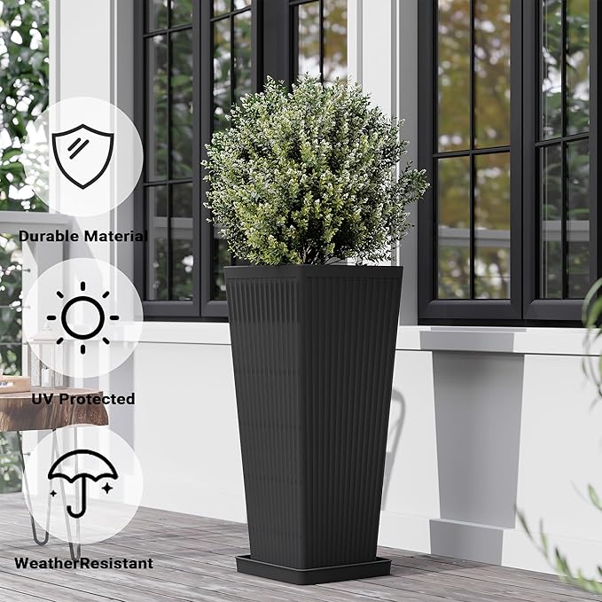 Tall Planters for Outdoor Plants Set of 2, 23.6" Large Taper Flower Plant Pots with Drainage Hole and Drainage Trays, Weather-Resistant Plastic planters for Patio, Porch, Garden, Black