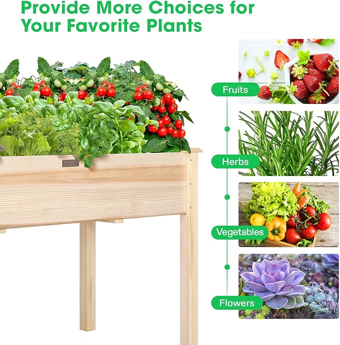 VIVOSUN Elevated Wooden Raised Garden Bed, 48 x 24 x 30 Inches, Outdoor Wood Planter Box w Bed Liner and Gloves for Garden, Patio, Balcony, Backyard and Outdoors, 220-Pound Capacity