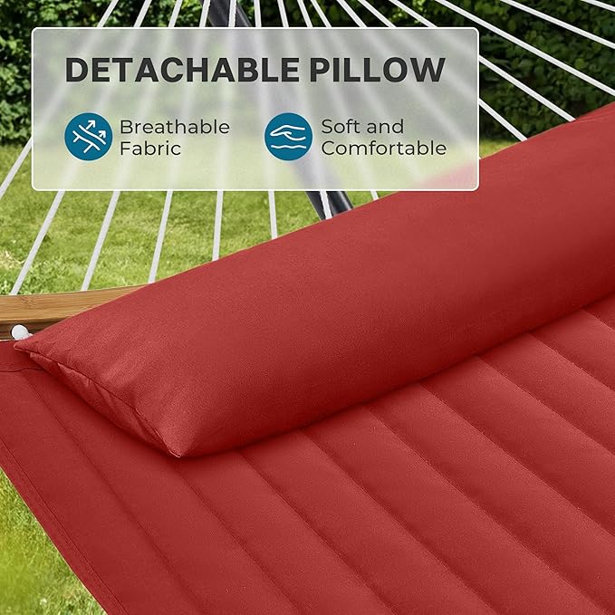 SUPERJARE Hammock with Stand, 2 Person Heavy Duty Hammock with Padded Cotton, Detachable Pillow & Strong Curved-Bar & Portable Carrying Bag, Perfect for Outdoor & Indoor, Burgundy