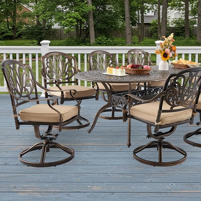 9-Piece Cast Aluminum Patio Furniture, Outdoor Dining Sets for 8 Include 87" Oval Patio Dining Table and 8 Swivel Chairs with Cushions & Umbrella Hole(Bronze)