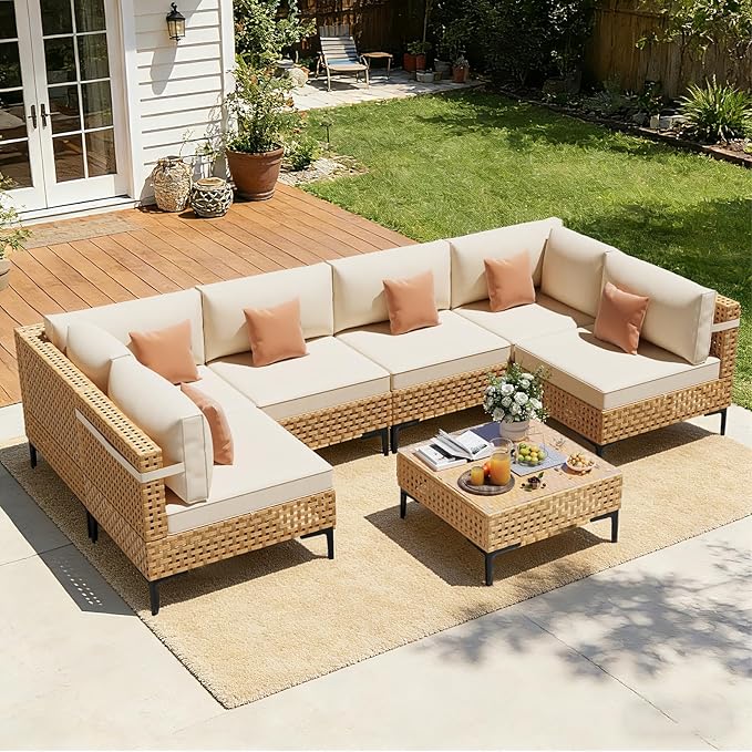 ABCASA Patio Furniture Set, 110" Large 7-Piece Wicker Outdoor Patio Furniture Sets with Anti-Slip Cushions & Coffee Table,Boho Patio Conversation Set Sectional Sofa for Backyard,Porch,Beige