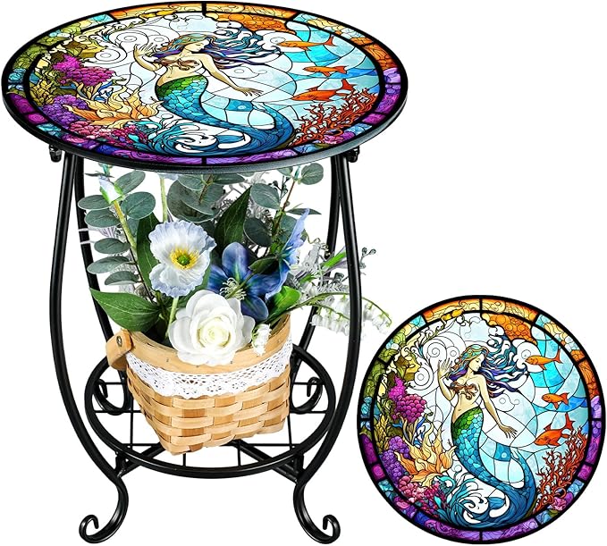 Outdoor Side Table Round Small Mosaic Patio Accent Indoor End Plant Coffee Tea Table for Yard Patio Porch Garden Living Room, Bedroom(Mermaid Style,14 Inch)