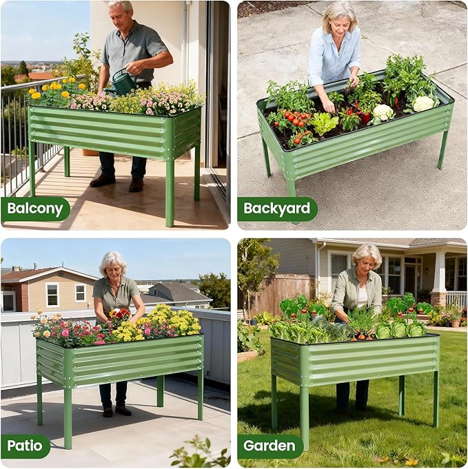 G GOOD GAIN Elevated Raised Garden Bed 2' x 4'- Galvanized Metal Planter Boxes with Legs, Outdoor Planters for Backyard/Patio/Balcony, with Drainage Holes for Vegetables, Flowers, Herbs, Green