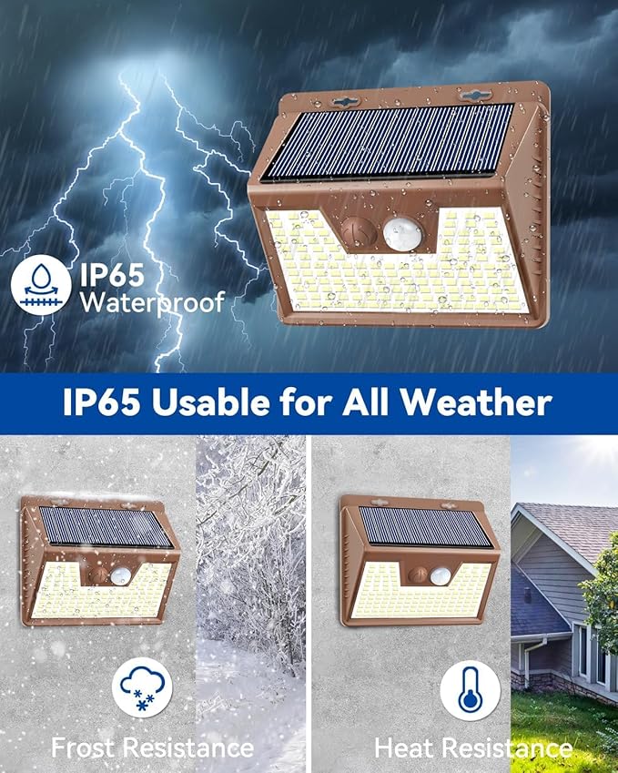 Peasur Solar Lights Outdoor Motion Sensor [1 Pack/140LED/Brown], Ultra-Bright 3 Mode Fence Security Light Waterproof, Solar Wall Lighting for Patio Yard Step House Outside