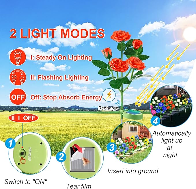 Solar Flower Lights Outdoor - Upgraded Two Modes Realistic LED Solar Powered Waterproof Roses, Decorative Stake for Garden (Orange, 1 Pack)