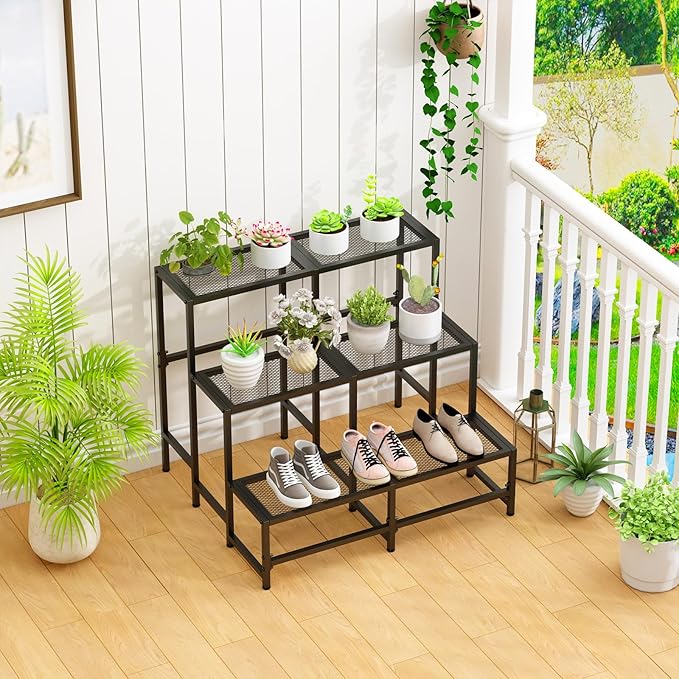 Garden 4 you 3 Tier Split Type Large Metal Plant Stand Stackable, Garden Display Shelf Flower Pot Holder Storage Organizer Rack for Indoor Home Outdoor Patio Balcony Yard( Black,Rectangle)