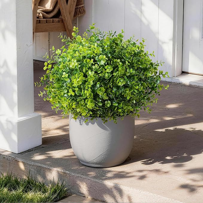 Artificial Faux Outdoor Plants for Spring Summer Decoration, 12 Bundles Fake Plastic Eucalyptus UV Resistant Look Real Fake Plants for Planter Outside Front Door Porch Patio Balcony Garden Indoor Yard