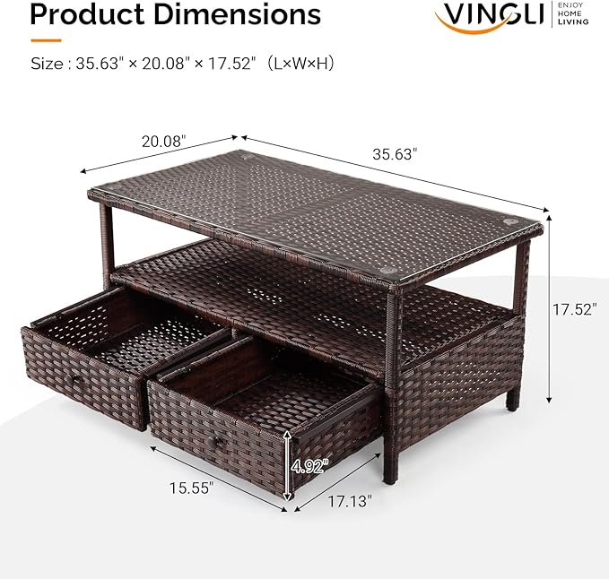 VINGLI Outdoor Wicker Coffee Table with 2 Drawers & Tempered Glass Top, Patio Coffee Table Outdoor Table for Balcony, Porch, Deck
