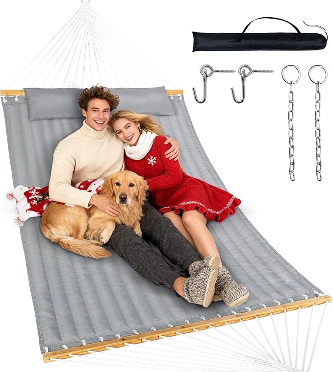 Double Hammock with Spreader Bar & Pillow, Portable 500lbs Capacity for Outdoor, Camping, Patio, Backyard Relaxation,Gray