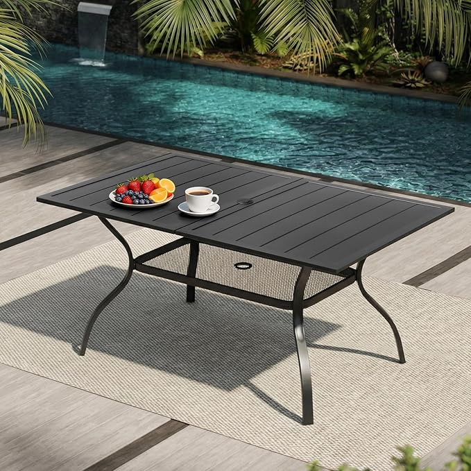 VINGLI 59" Rectangle Patio Table for 6, Metal Outdoor Dining Table with Umbrella Hole, All-Weather Steel Patio Dining Table Outdoor Table for Lawn, Garden, Backyard, Black (L59 xW35)