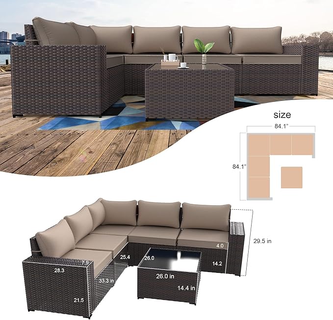 Kullavik 6PCS Outdoor Patio Furniture Set PE Wicker Rattan Sectional Sofa Patio Conversation Sets,Khaki
