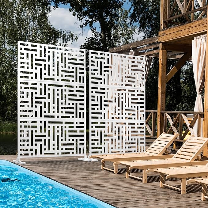 Casaphoria Metal Privacy Screen Outdoor, 72" H x 47" W Freestanding Decorative Privacy Screen for Patio Deck Balcony Garden with Stable Base, White-Helen