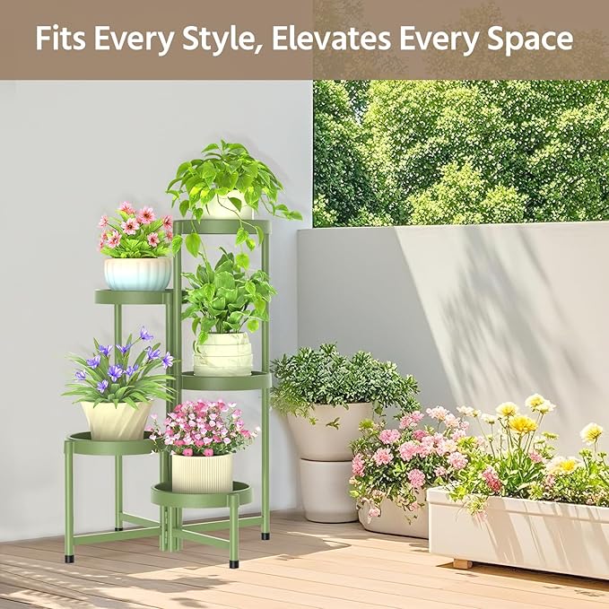 LASZOLA 5 Tiered Folding Plant Stand Indoor for Multiple Large Planter, Tall Heavy Duty Adjustable Rack with Rust Proof Plastic Shelving, Sturdy Vertical Tree Organizer for Narrow Inside Floor, Green