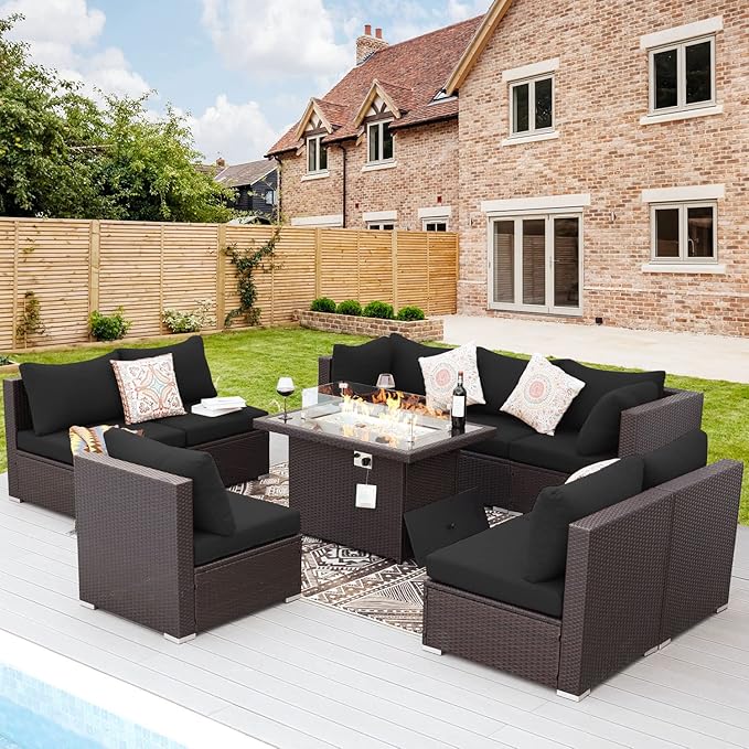 NICESOUL Modern Large Patio Furniture Set with Firepit Propane/Natural Gas, 29.3'' High Back Comfy Outdoor Sectional Couch Sofa Sets, 9 Piece Extra Wide Modular Sitting, Brown Rattan and Black Cushion