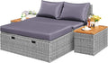 Flamaker Outdoor Rattan Lounge Chair with 2 Side Tables, Multifunctional Outdoor Patio Daybed with Footrest, Cushions, Storage Ottoman,Chaise Lounge Chair for Backyard Porch Poolside(Grey)