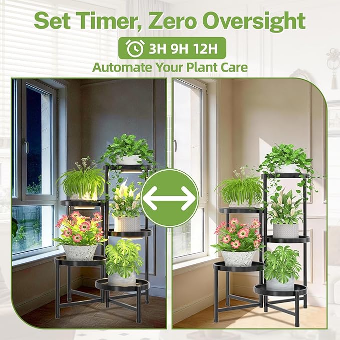 iDavosic.ly 5 Tier Large Plant Stand Indoor with Grow Light, Tiered Corner Metal Outdoor Flower Display Holder Shelf with 10 Inch Wide Tray, Folding Tall Rack for Patio Porch Living Room, Black