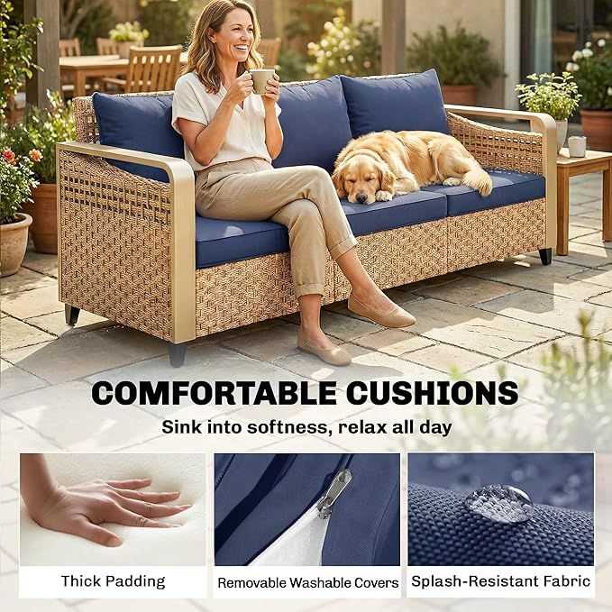 Outsunny Outdoor Patio Couch with Wide and Deep Seat, 3 Seater Wicker Outdoor Sofa with Wide Metal Armrests, Patio Furniture Couch with Cushions for Porch, Garden, Backyard, Dark Blue | Removable Covers