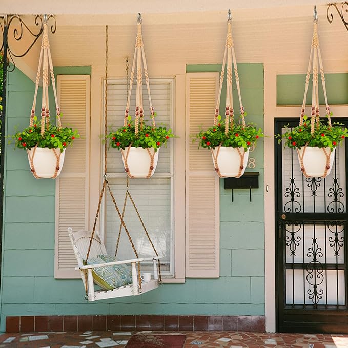 Macrame Plant Hanger Indoor Set,Hanging Planters for Indoor Plants Outdoor,Hanging Plant Holder Basket Pot with 8 Hooks,Boho Home Decor Crochet Beads Window Ceiling,No Tassels 4 Pack,Brown