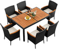 Flamaker 7 Piece Patio Dining Set Outdoor Acacia Wood Table and Chairs with Soft Cushions Wicker Patio Furniture for Deck, Backyard, Garden