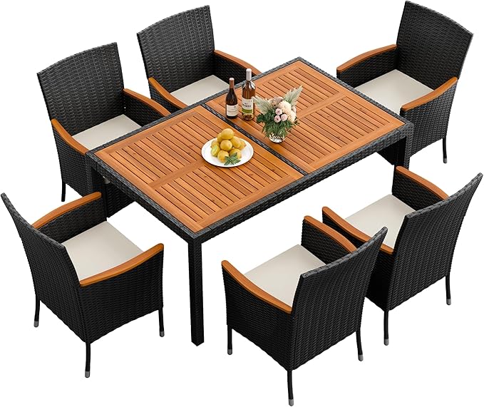 Flamaker 7 Piece Patio Dining Set Outdoor Acacia Wood Table and Chairs with Soft Cushions Wicker Patio Furniture for Deck, Backyard, Garden