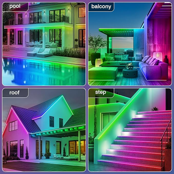 zoegi 200ft Outdoor LED Strip Lights Waterproof,Music Sync RGB IP68 Outside Led Light Strips Waterproof with App and Remote,Exterior Led Rope Lights for Deck,Balcony,Roof,Garden,Pool
