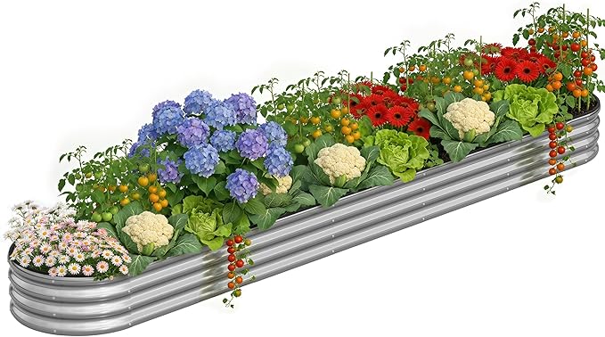 Galvanized Metal Raised Garden Bed Kit for Outdoor Planter Boxes with Easy Assembly,Oval Large Galvanized Gardening Raised Bed for Vegetables, Fruits, Flower (Silver, 12 * 2 * 1ft)